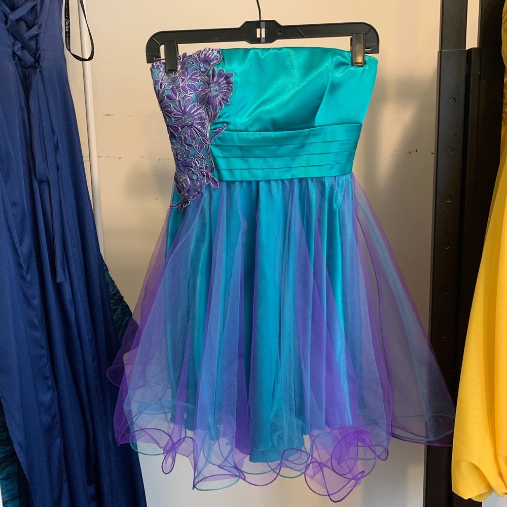 Purple and green, short, strapless dress
